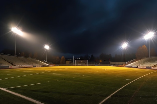 Bredehoekfoto van een modern sportveld met schijnwerpers