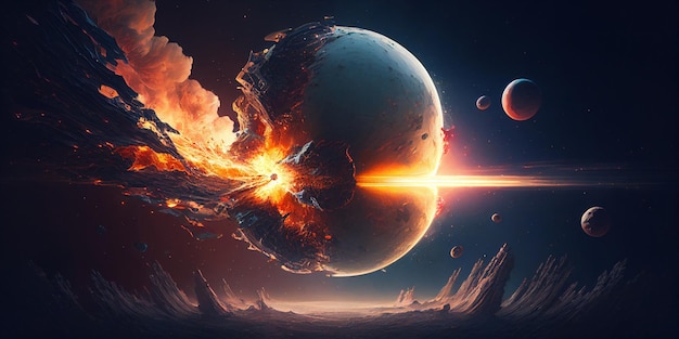 Breedbeeld afbeelding van ruimte ramp planeet explosie Gegenereerde Ai