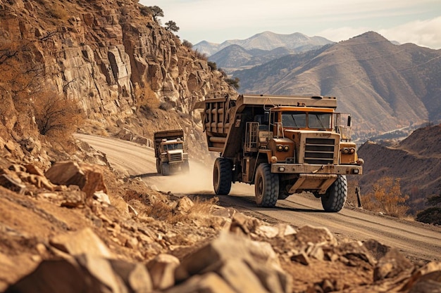 Breedhoekfoto van een dump truck die door een bergachtig terrein vaart Best Dump truck image