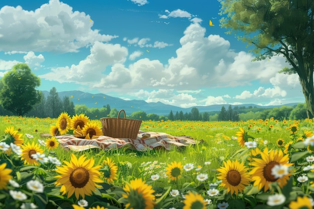 A breezy afternoon picnic in a sunflower field