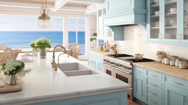 Breezy Coastal Kitchen met een prachtig uitzicht op de zee Beachfront Elegance