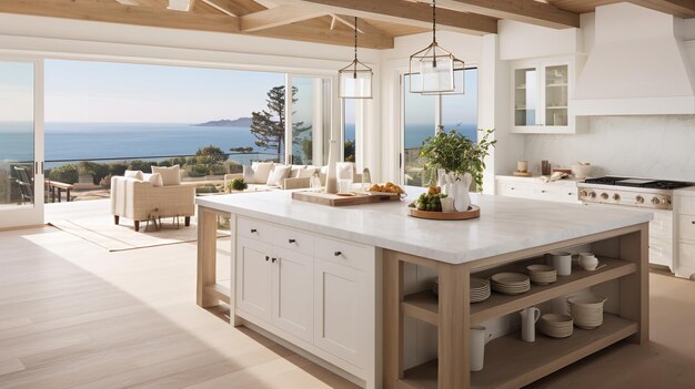 Foto breezy coastal kitchen met een prachtig uitzicht op de zee beachfront elegance