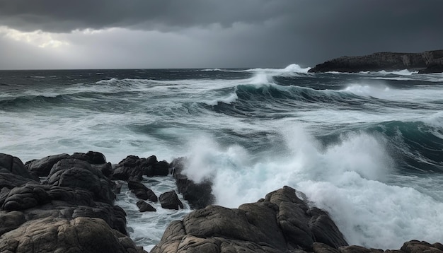 Brekende golven botsen tegen rotsachtige kliffen spetteren in storms gegenereerd door kunstmatige intelligentie