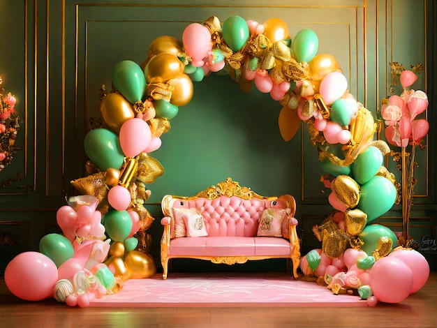 brenda38Promptgreen and gold balloon arch with sign for feliz cumple jose teddy bear sitting in fro