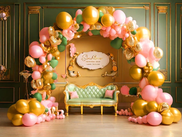 Photo brenda38promptgreen and gold balloon arch with sign for feliz cumple jose teddy bear sitting in fro