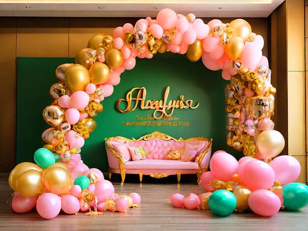brenda38Promptgreen and gold balloon arch with sign for feliz cumple jose teddy bear sitting in fro