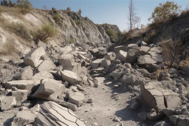 Breuklijn met close-up van rotsen en puin na de aardbeving