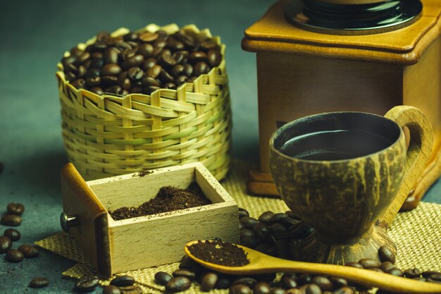brew black coffee in coconut cup and morning lighting. 