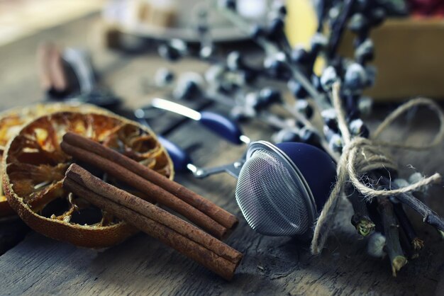 Brew tea concept wooden background