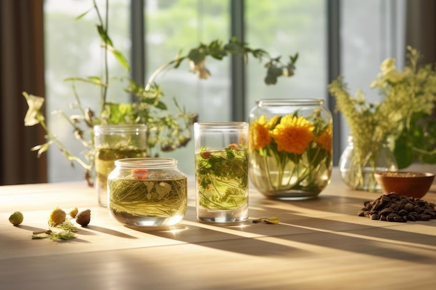 Brewed medicinal herbs in glass jars