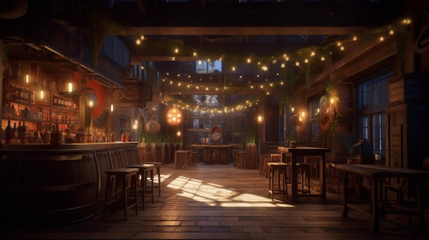 Brewer yrestaurant with string lights and signGenerative AI