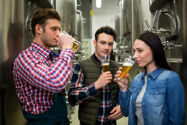 Photo brewers testing beer at brewery factory