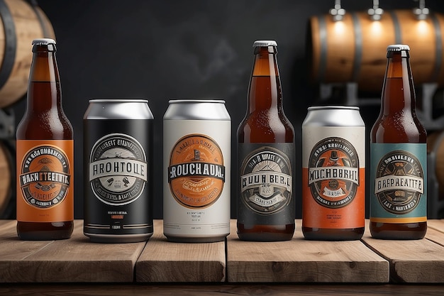 Мокет брендинга пивоварни с логотипом на этикетках пива, ручках кранов и вывесках пивоварен