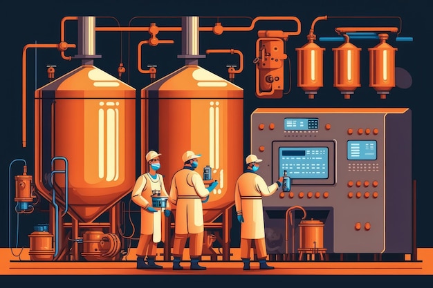 Brewery illustration with large stainlesssteel fermentation tanks and workers in protective gear