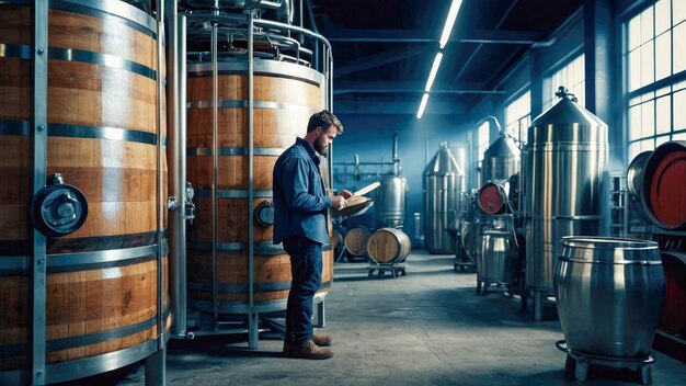 In a brewery an individual inspects and takes notes amidst large wooden