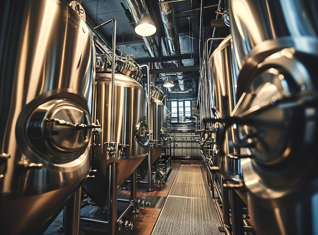 Brewery interior with stainless steel tanks and barrels