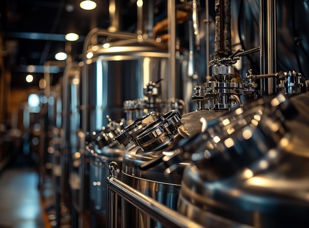 Brewery interior with stainless steel tanks and barrels