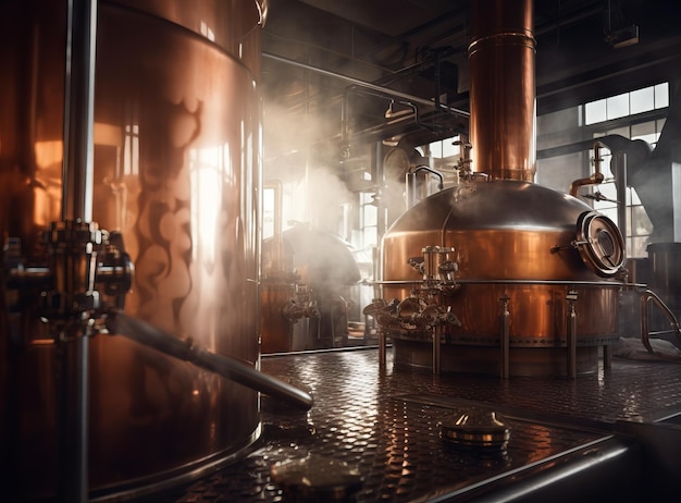 Brewery interior with stainless steel tanks and barrels