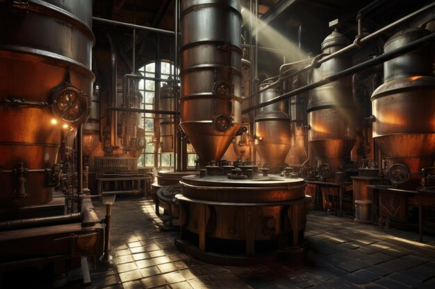 Brewery Modern beer plant with brewering kettles tubes and tanks made of stainless steel