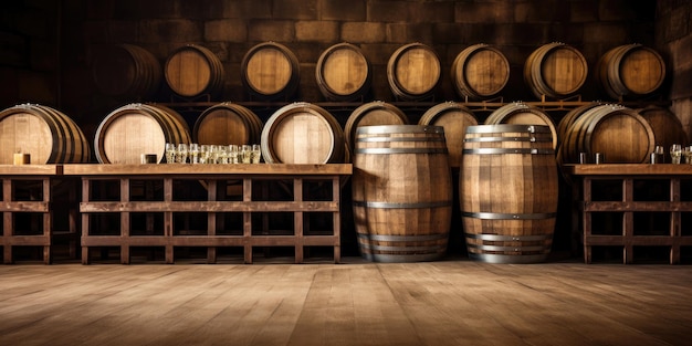 Brewery winery background Wine beer barrels stacked background