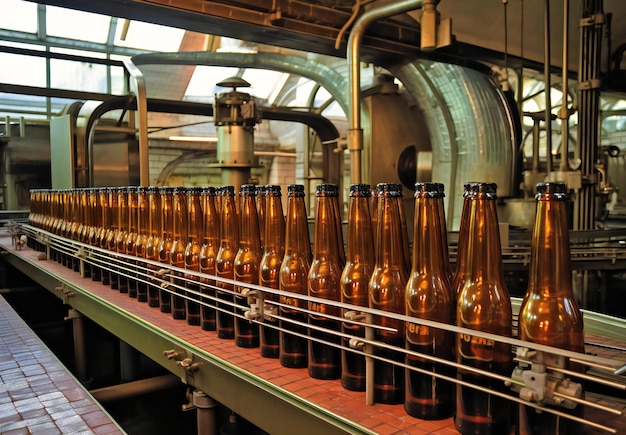 A brewery with bottles moving from bottles in the machine