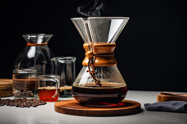 brewing coffee with the chemex method on white background