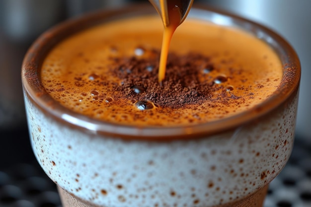 Brewing espresso pouring coffee into a cup