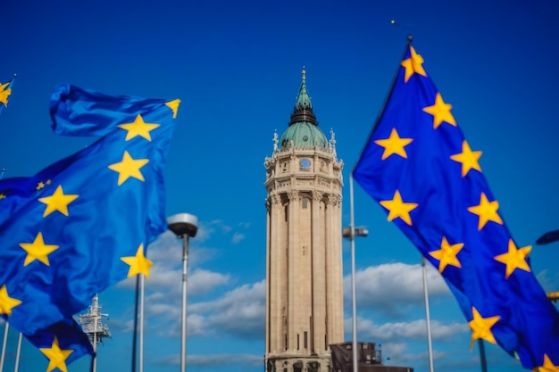 Photo brexit concept with european union flag juxtapositioned against victoria tower westminster london