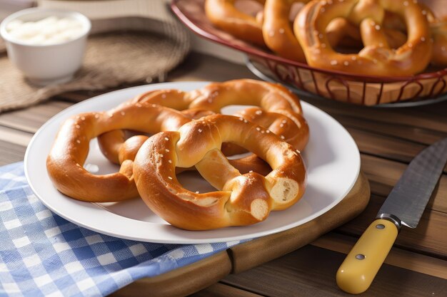 Brezel op wit bord met mes en ander keukengerei op de achtergrond