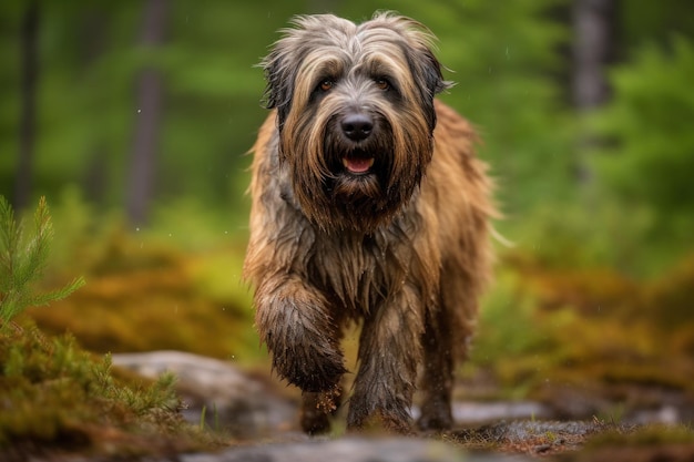 briard walking in forest