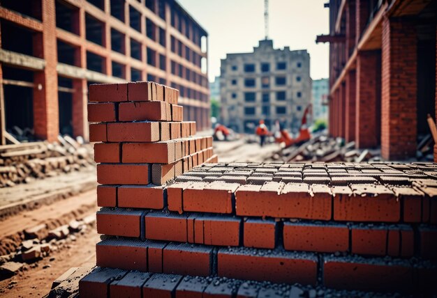 Brick blocks are being assembled into the walls of buildings at the construction site steadily shap