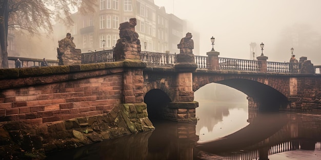 a brick bridge over a river in a foggy city in the style of baroque revival