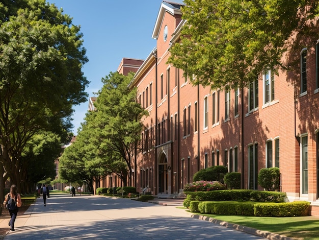 Foto un edificio in mattoni con una strada alberata e un cartello che dice college of business.