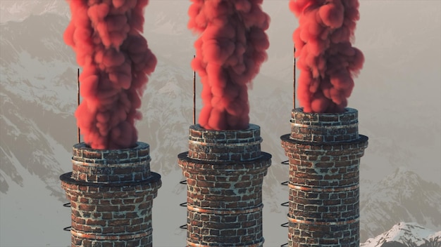 brick chimney on the against the backdrop of a snowy mountain landscape environmental