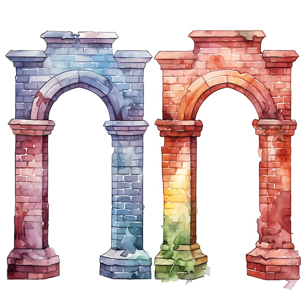 Brick Gate Pillars With Handcrafted Ceramic Plaqu Watercolor Gate Beauty Art on White Background