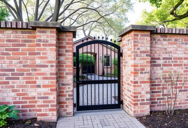 a brick gate with a brick wall and a brick wall with a brick fence