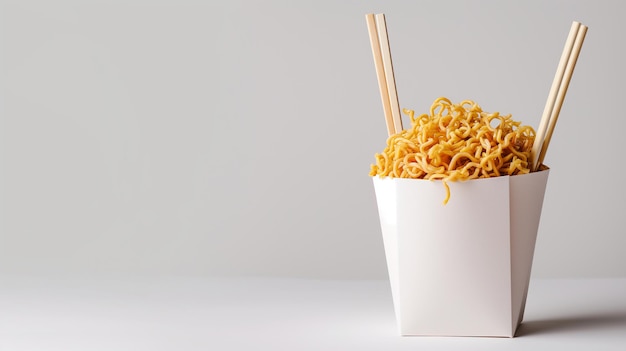 Фото Кирпичик сухой лапши балансирует на краю палочек для еды на пустой коробке на вынос