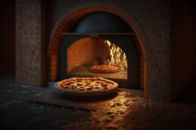 Brick pizza oven with fire