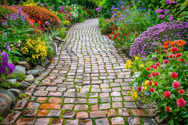 写真 庭のレンガの道でさまざまな花がいています