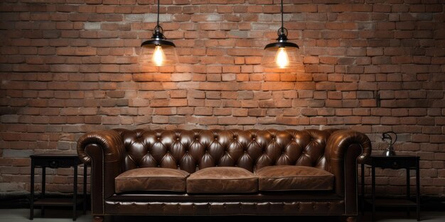 Photo brick room with leather sofa and three lamps