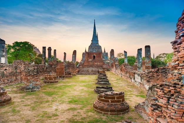 Brick ruins of buddhist temple Wat Phra Si Sanphet in Ayutthaya Thailand