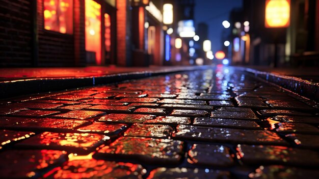 A brick street at night with lit up neon signs Generative Ai