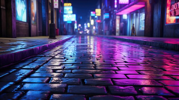 A brick street at night with lit up neon signs Generative Ai