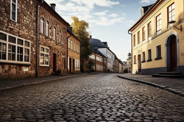 a brick street with a brick building and a brick building with a window that says " a "