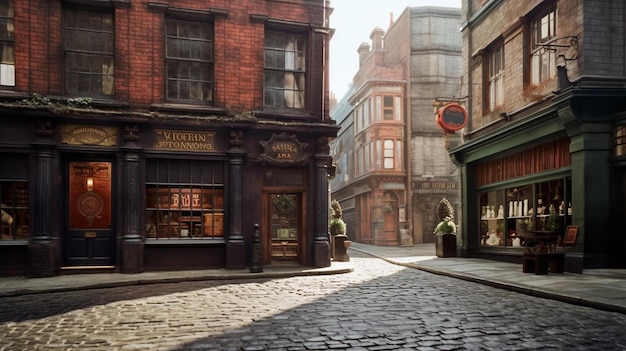 a brick street with a sign that says " the store ".