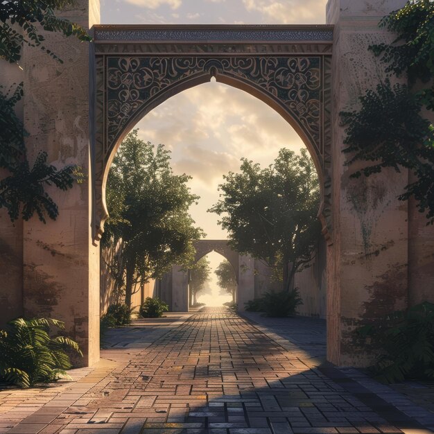 Photo a brick walkway leading to a stone archway surrounded by trees