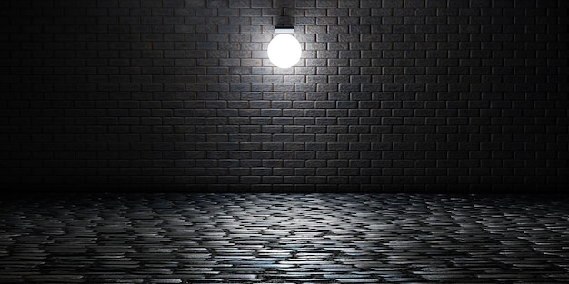 Brick wall background and brick floor empty scene with lights\
at night 3d illustration