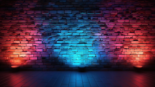 Brick wall background with red and blue neon lights