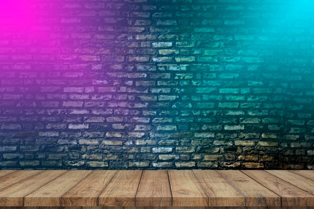 Brick wall background, wood table top, neon light