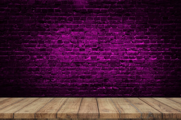 Brick wall background, wood table top, neon light